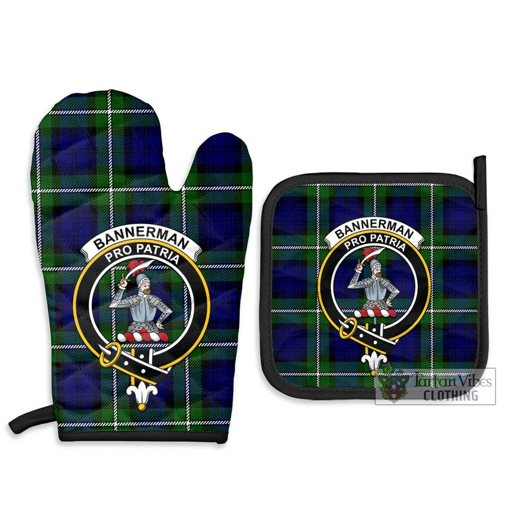 Bannerman Tartan Combo Oven Mitt & Pot-Holder with Family Crest Combo 1 Oven Mitt & 2 Pot-Holder Black - Tartan Vibes Clothing