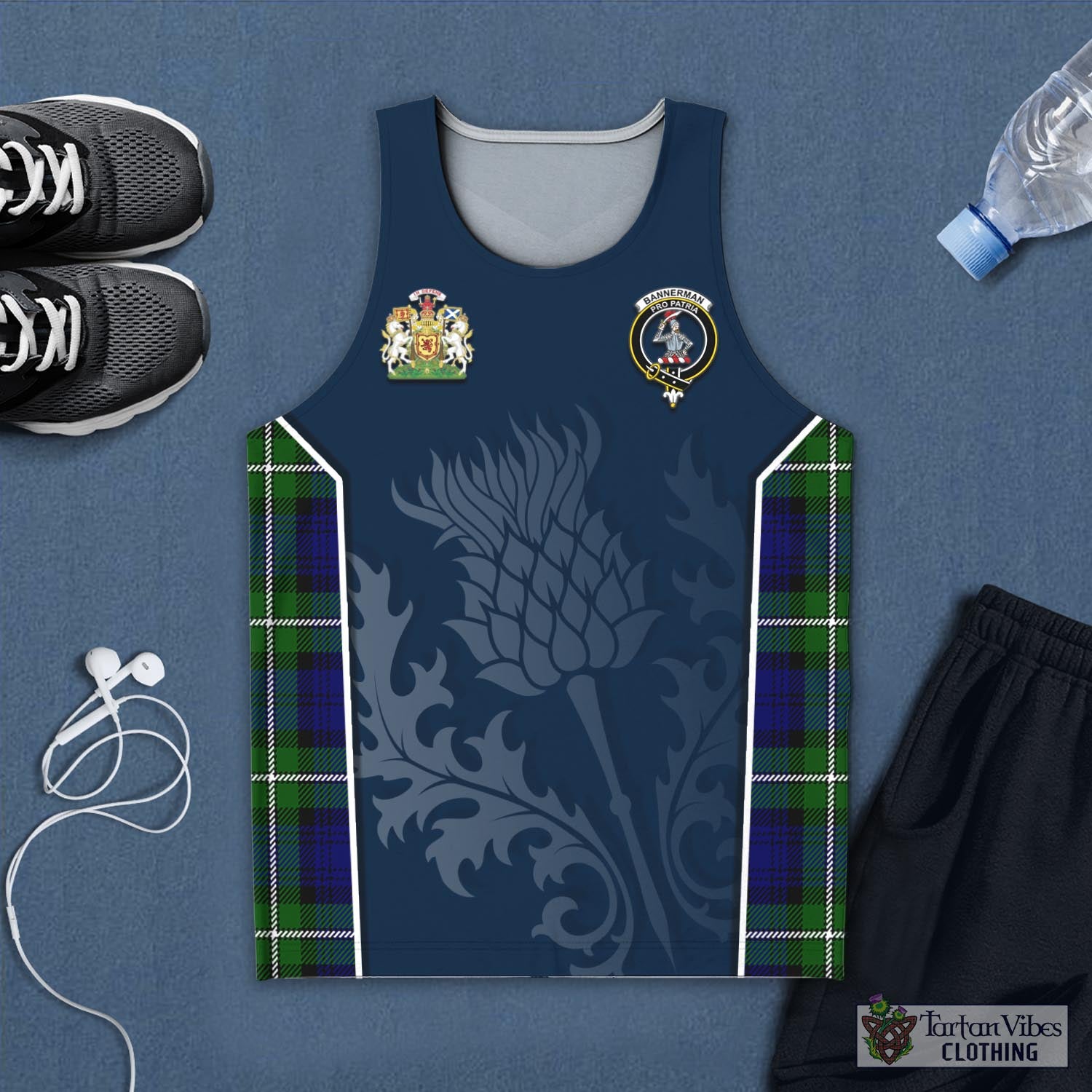 Tartan Vibes Clothing Bannerman Tartan Men's Tanks Top with Family Crest and Scottish Thistle Vibes Sport Style