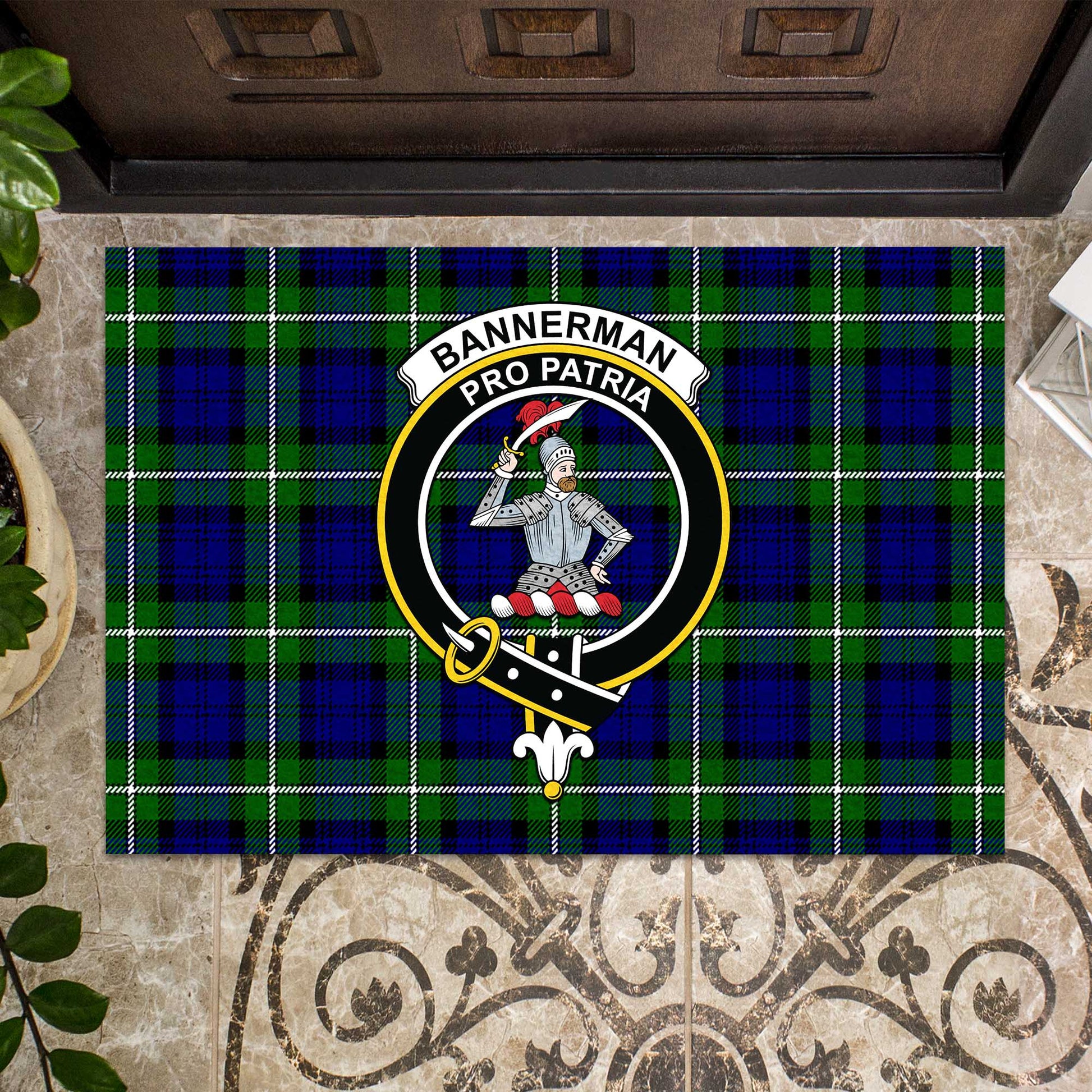 Bannerman Tartan Door Mat with Family Crest - Tartanvibesclothing