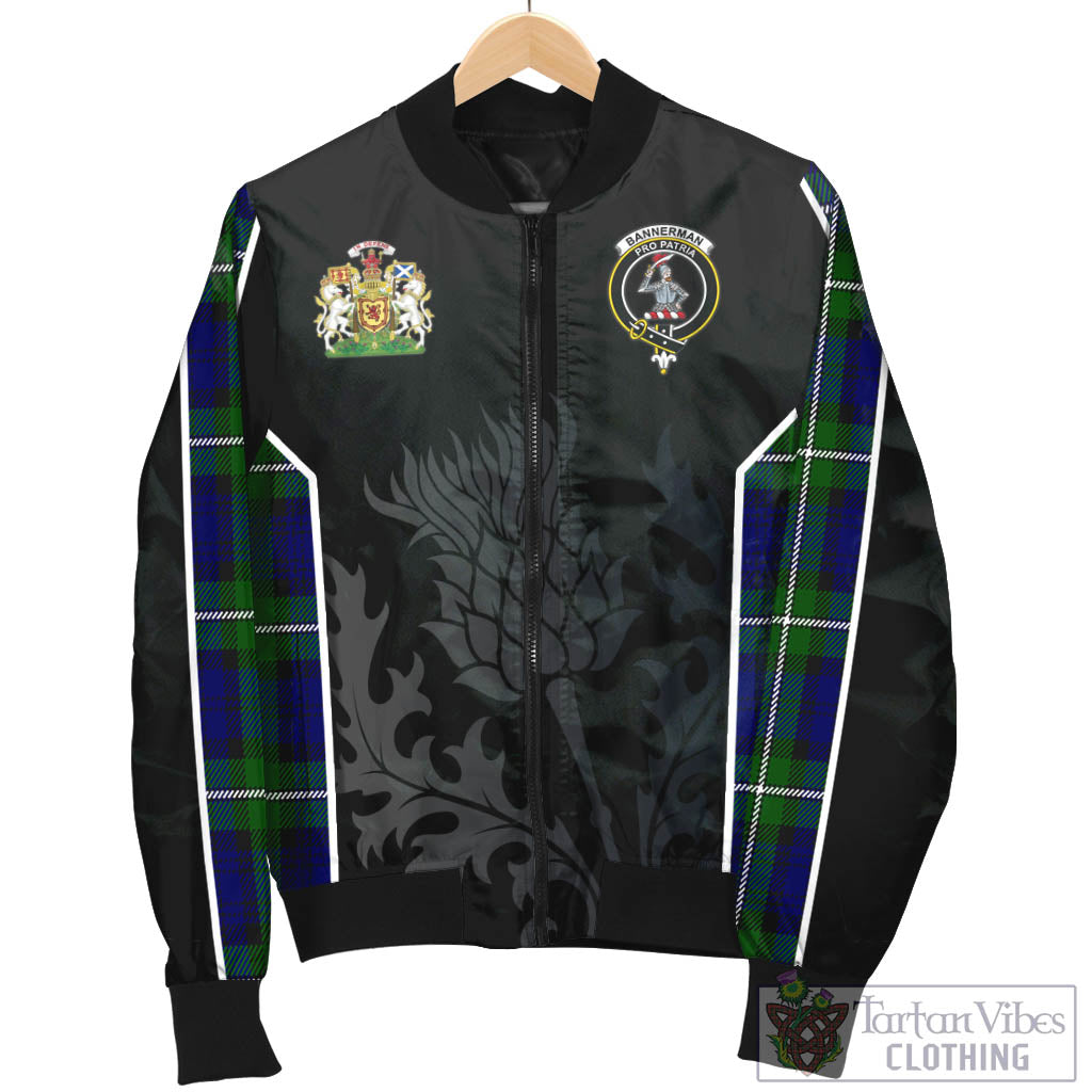 Tartan Vibes Clothing Bannerman Tartan Bomber Jacket with Family Crest and Scottish Thistle Vibes Sport Style