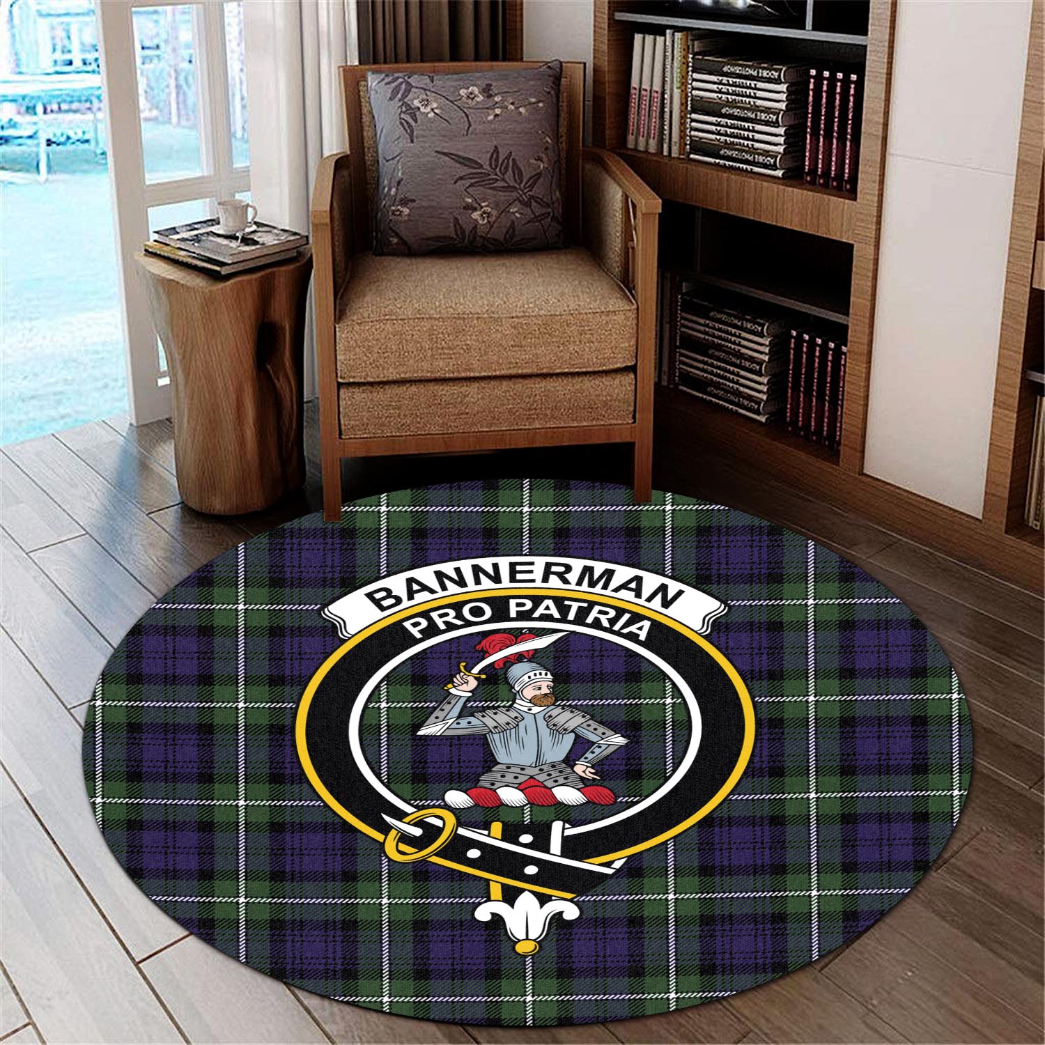 Bannerman Tartan Round Rug with Family Crest - Tartanvibesclothing