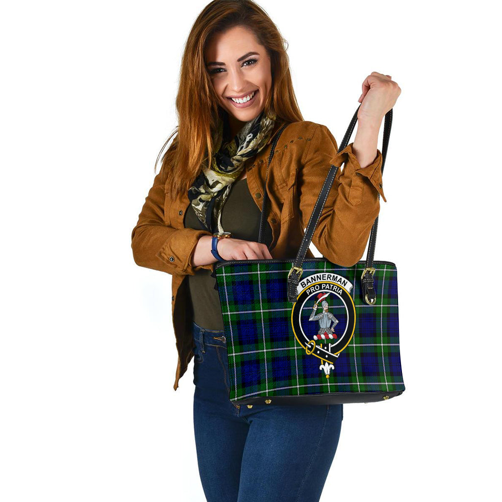 Bannerman Tartan Leather Tote Bag with Family Crest - Tartanvibesclothing