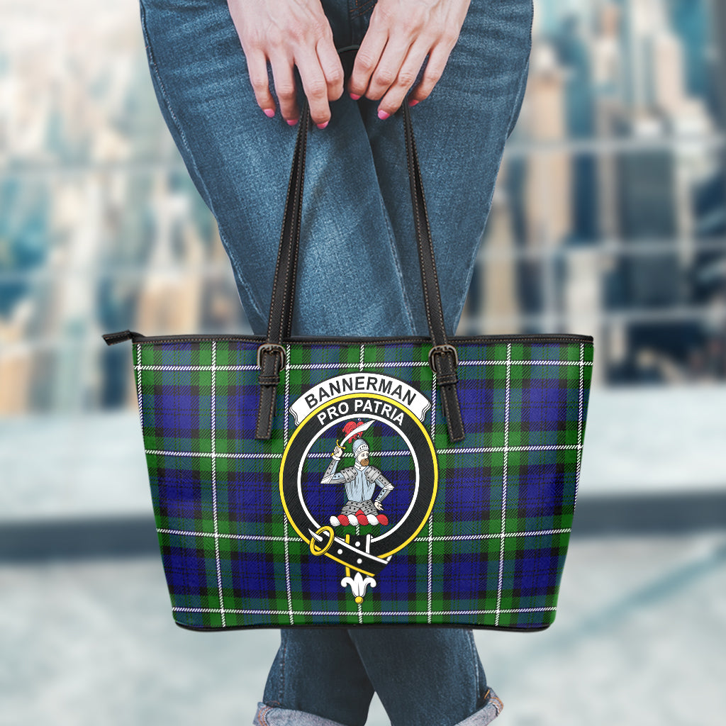 Bannerman Tartan Leather Tote Bag with Family Crest - Tartanvibesclothing