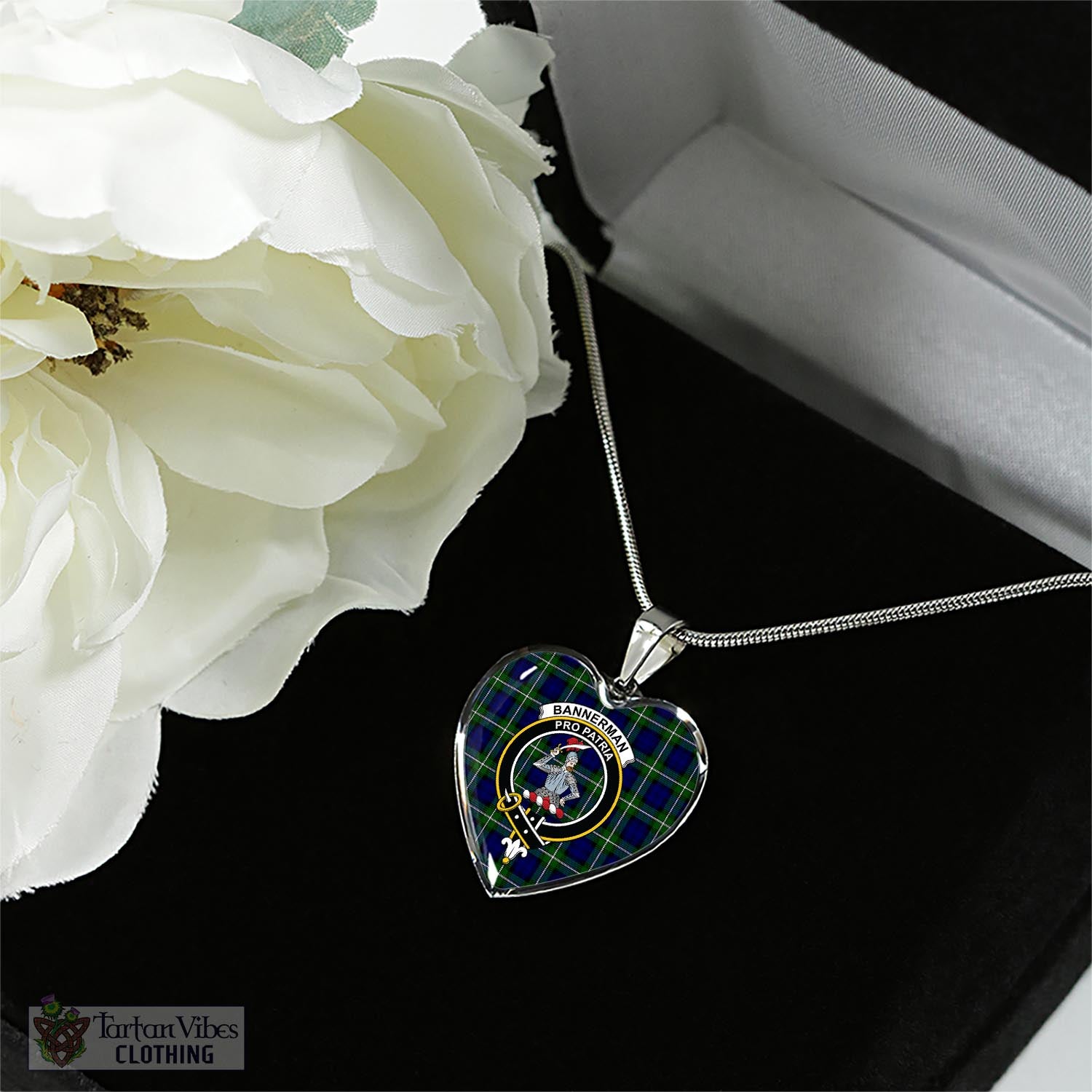 Tartan Vibes Clothing Bannerman Tartan Heart Necklace with Family Crest