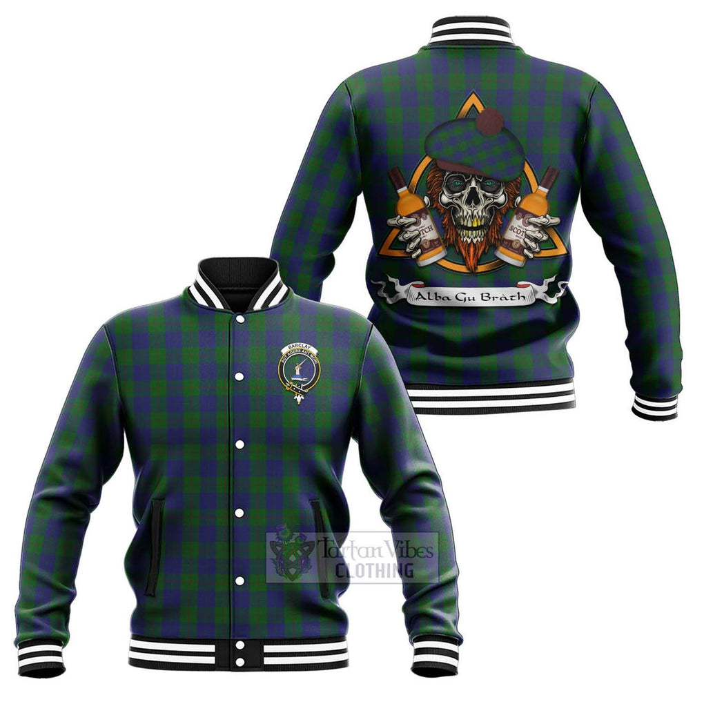 Tartan Vibes Clothing Barclay Tartan Baseball Jacket with Family Crest and Bearded Skull Holding Bottles of Whiskey