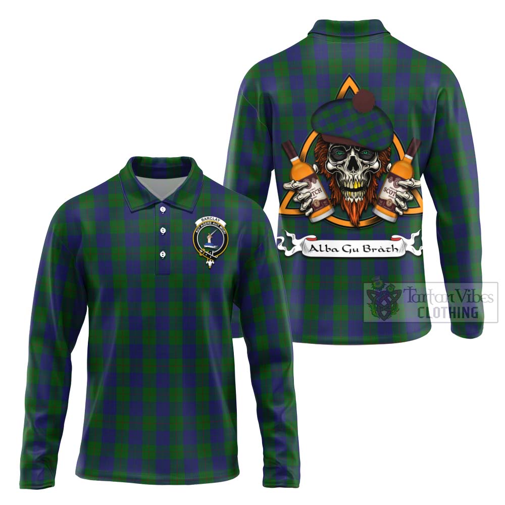 Tartan Vibes Clothing Barclay Tartan Long Sleeve Polo Shirt with Family Crest and Bearded Skull Holding Bottles of Whiskey