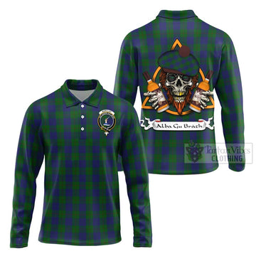 Barclay Tartan Long Sleeve Polo Shirt with Family Crest and Bearded Skull Holding Bottles of Whiskey