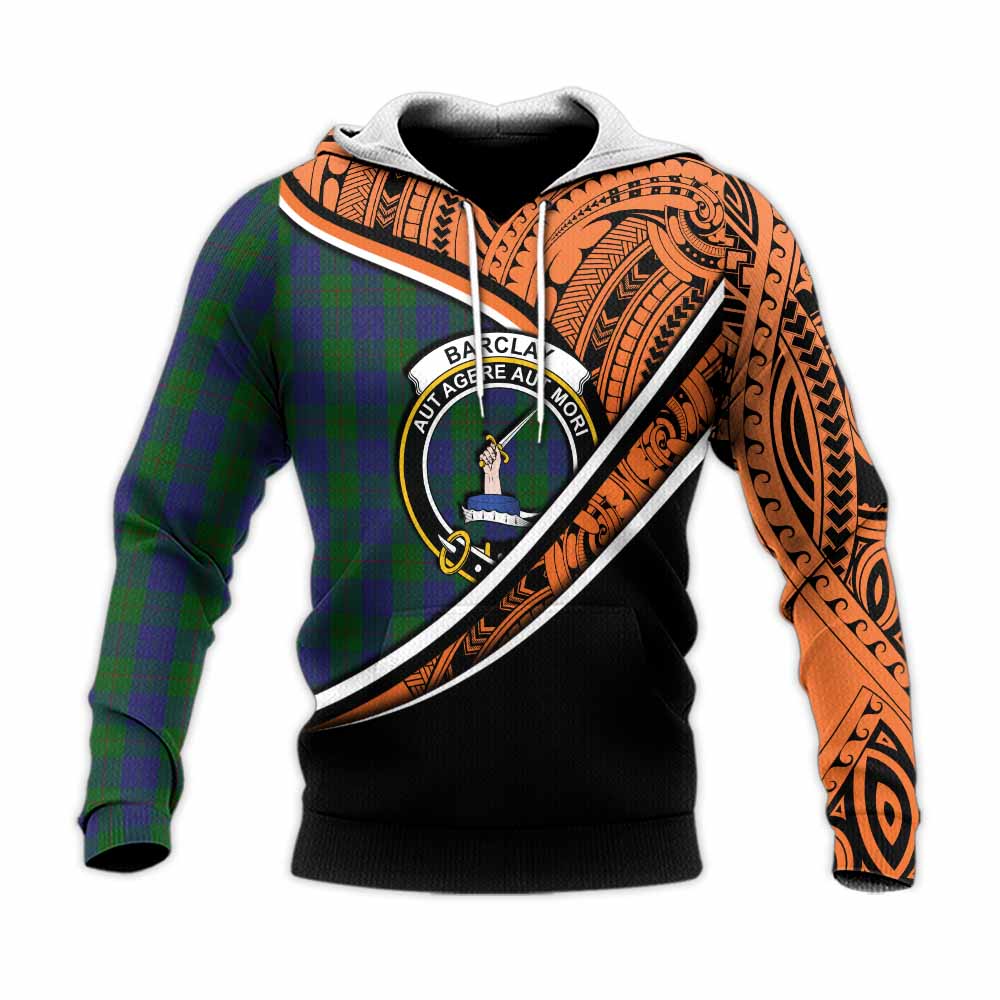 Tartan Vibes Clothing Barclay Crest Tartan Knitted Hoodie with Maori Tattoo Style - Orange Version