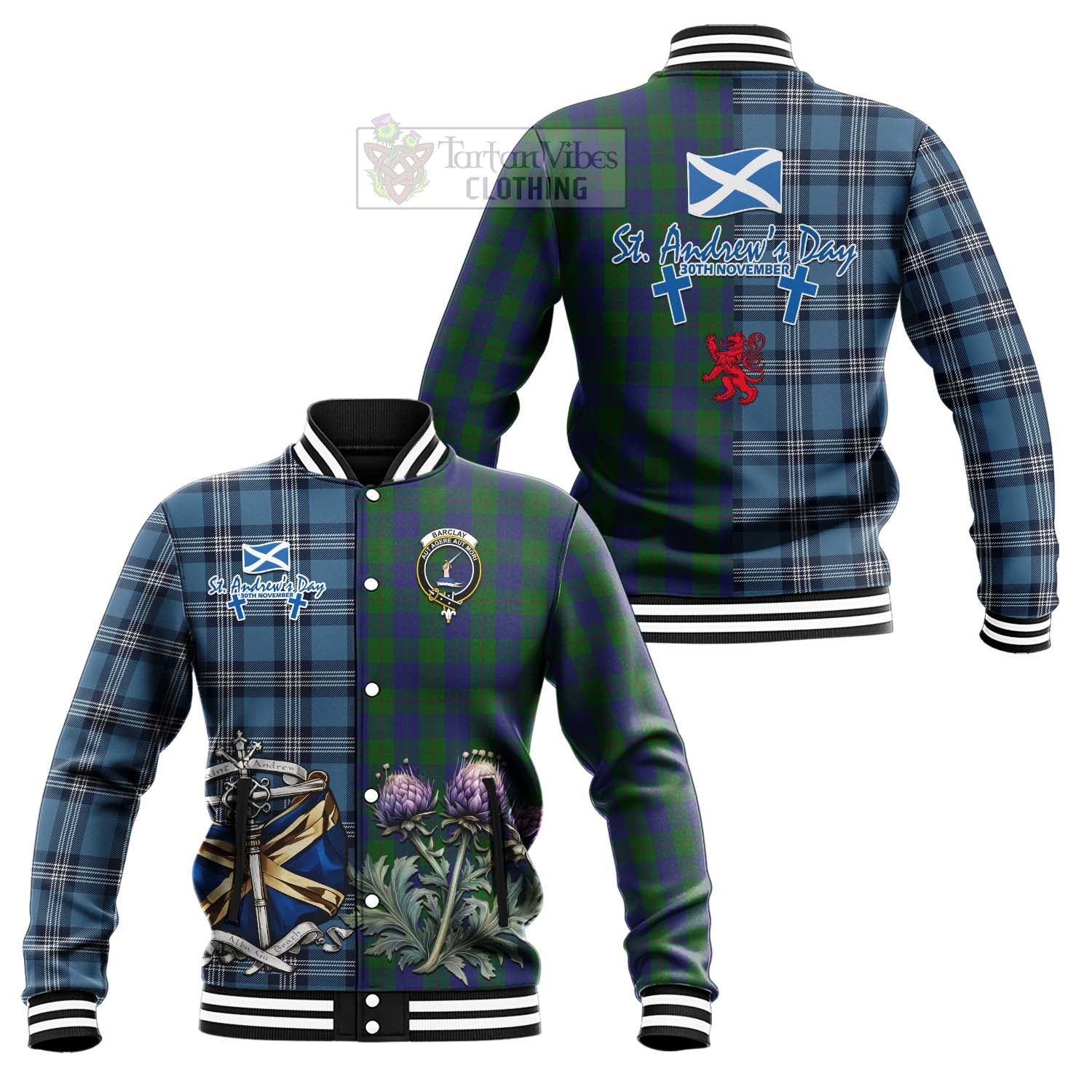 Tartan Vibes Clothing Barclay Tartan Baseball Jacket Happy St. Andrew's Day Half Tartan Style