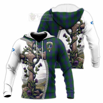 Barclay Tartan Knitted Hoodie with Family Crest and St. Andrew's Cross Accented by Thistle Vines