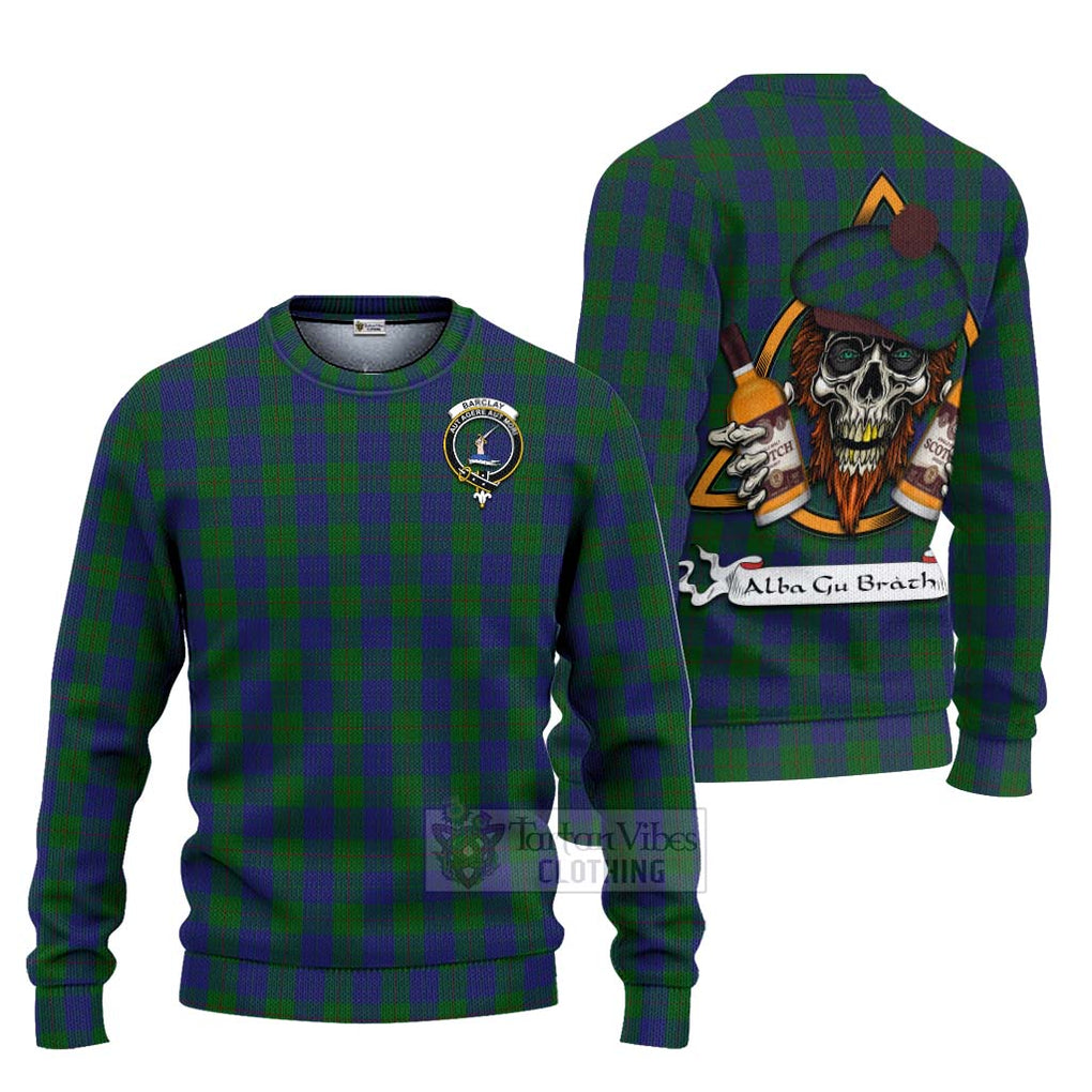 Tartan Vibes Clothing Barclay Tartan Knitted Sweater with Family Crest and Bearded Skull Holding Bottles of Whiskey