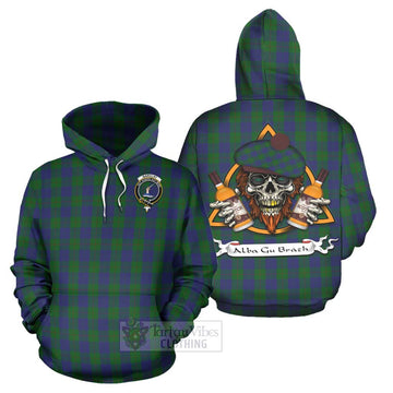 Barclay Tartan Hoodie with Family Crest and Bearded Skull Holding Bottles of Whiskey