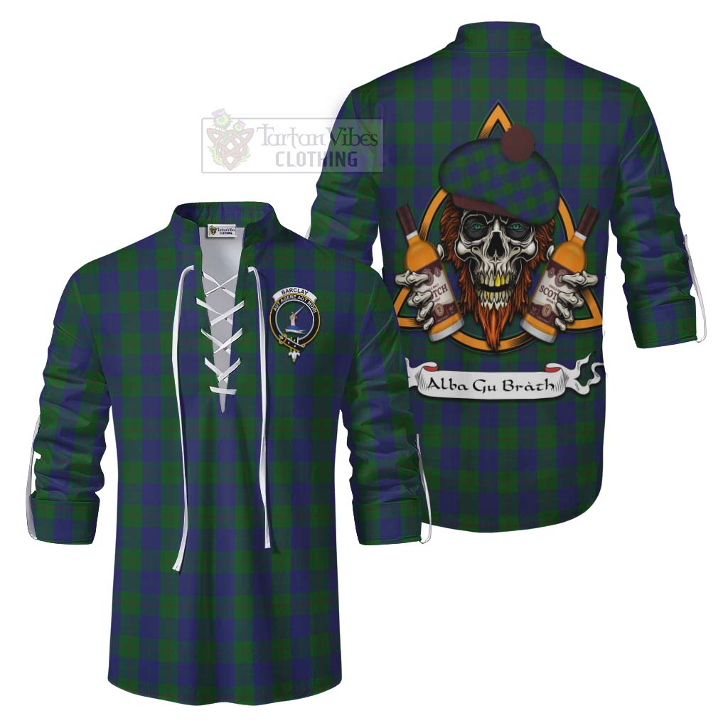 Tartan Vibes Clothing Barclay Tartan Ghillie Kilt Shirt with Family Crest and Bearded Skull Holding Bottles of Whiskey