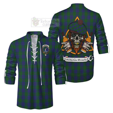 Barclay Tartan Ghillie Kilt Shirt with Family Crest and Bearded Skull Holding Bottles of Whiskey