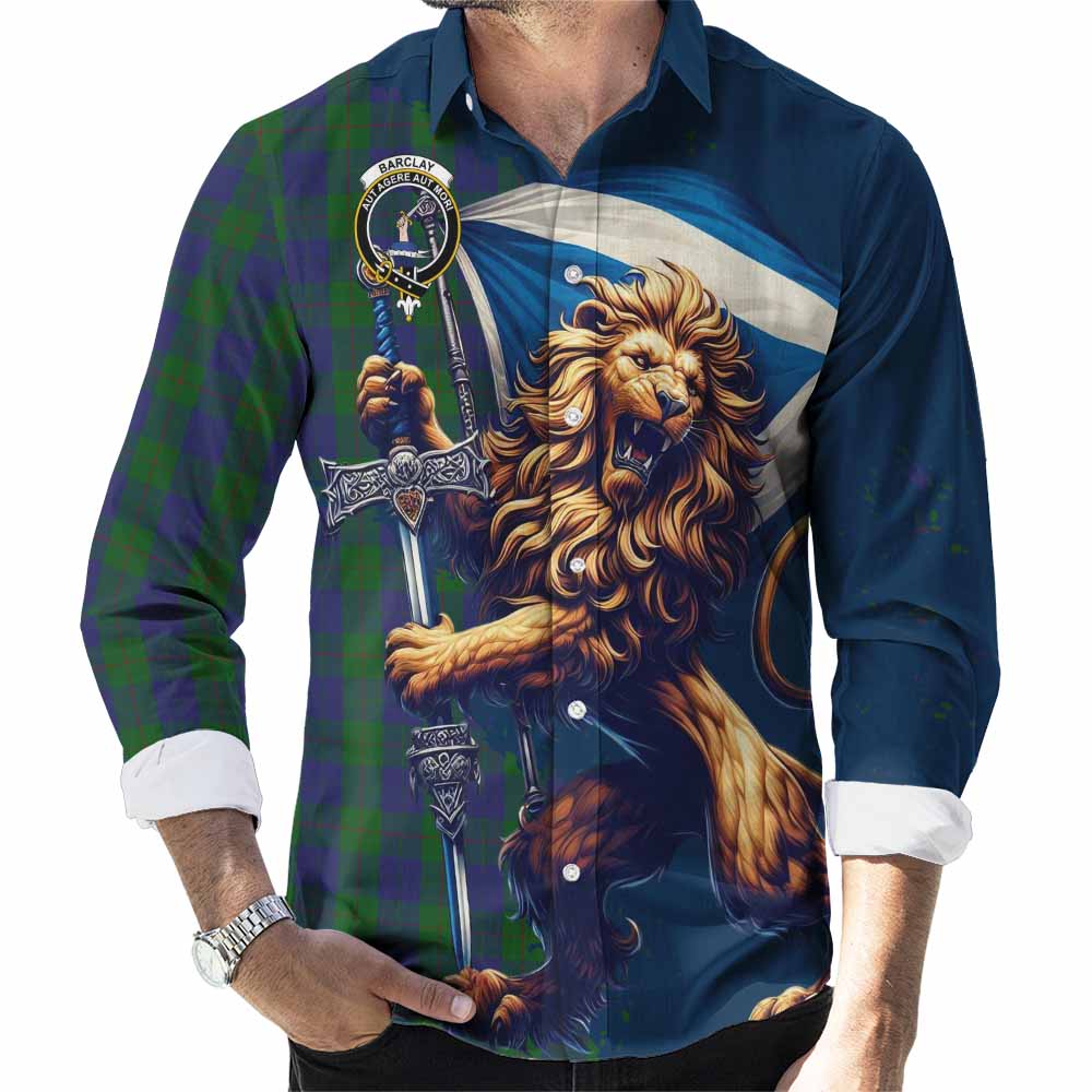 Tartan Vibes Clothing Barclay Tartan Family Crest Long Sleeve Button Shirt with Scottish Majestic Lion