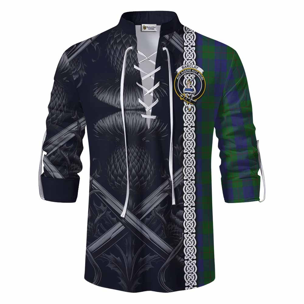 Tartan Vibes Clothing Barclay Tartan Ghillie Kilt Shirt with Family Crest Cross Sword Thistle Celtic Vibes