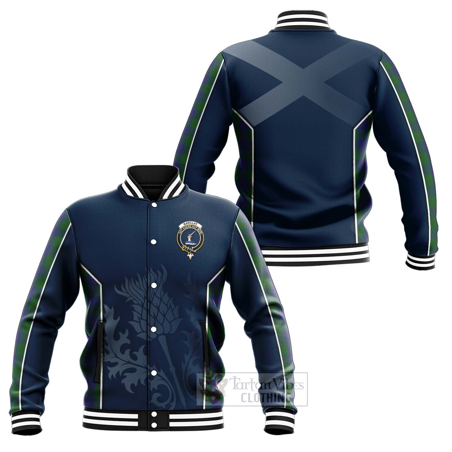 Tartan Vibes Clothing Barclay Tartan Baseball Jacket with Family Crest and Scottish Thistle Vibes Sport Style