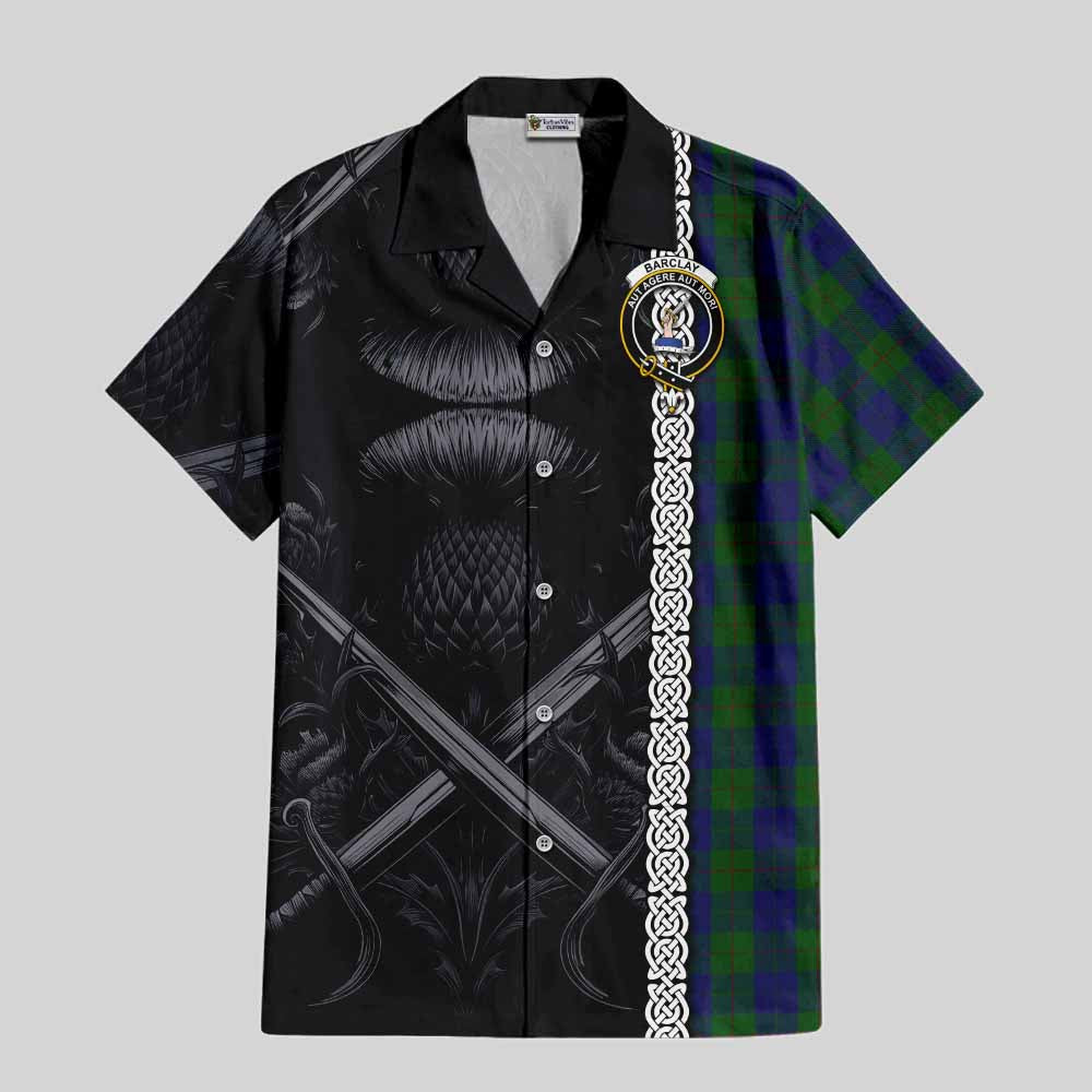 Tartan Vibes Clothing Barclay Tartan Short Sleeve Button Shirt with Family Crest Cross Sword Thistle Celtic Vibes