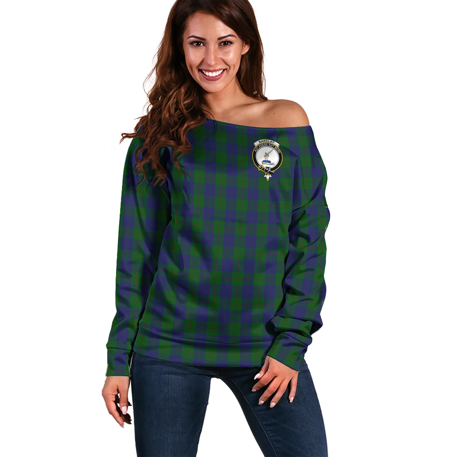 Barclay Tartan Off Shoulder Women Sweater with Family Crest Women - Tartanvibesclothing