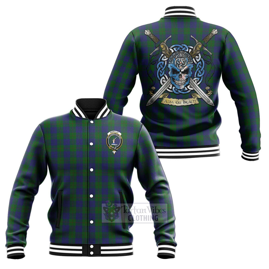 Tartan Vibes Clothing Barclay Tartan Baseball Jacket with Family Crest Celtic Skull Style