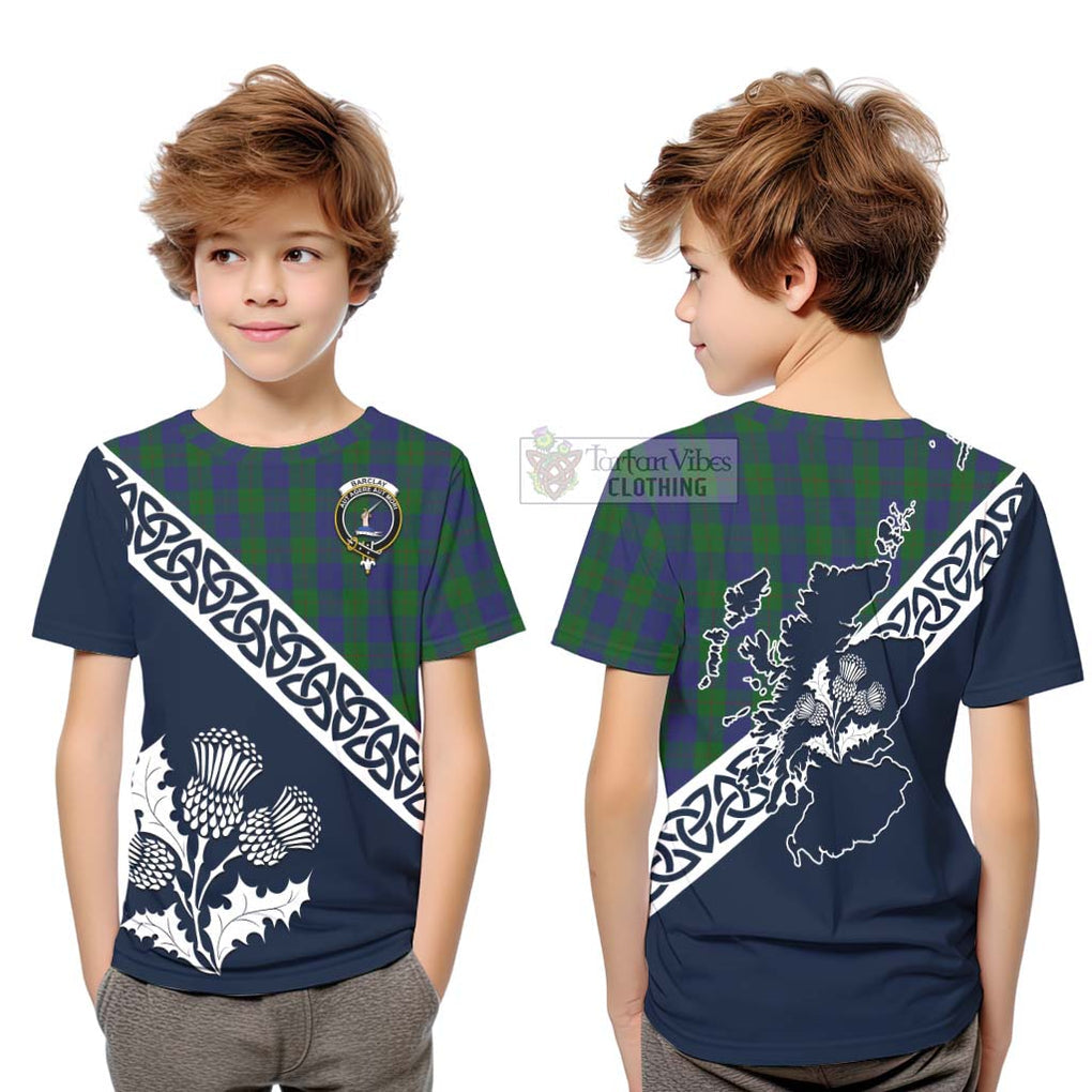 Tartan Vibes Clothing Barclay Tartan Kid T-Shirt Featuring Thistle and Scotland Map