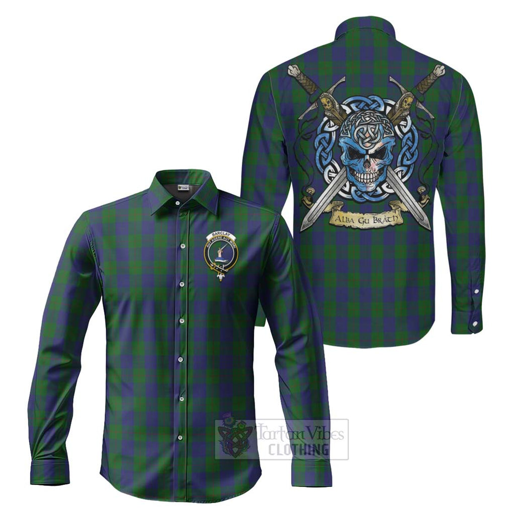 Tartan Vibes Clothing Barclay Tartan Long Sleeve Button Shirt with Family Crest Celtic Skull Style