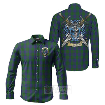 Barclay Tartan Long Sleeve Button Shirt with Family Crest Celtic Skull Style