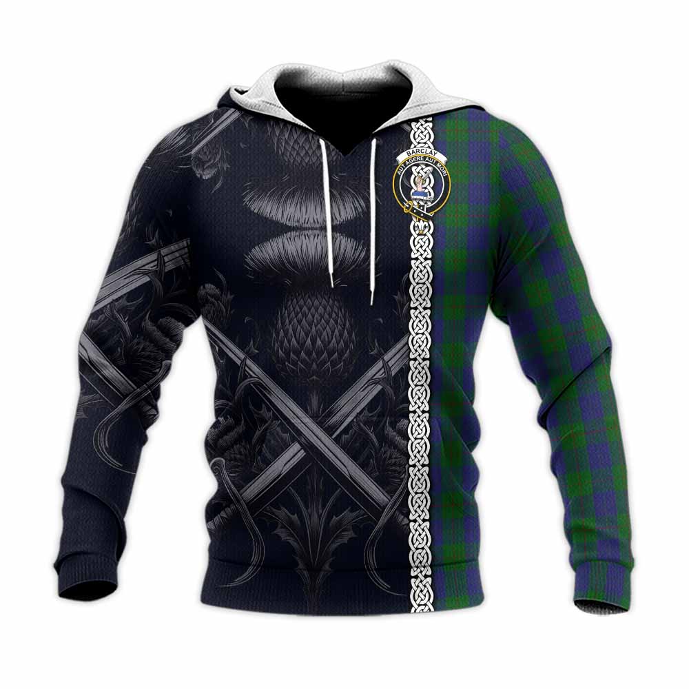 Tartan Vibes Clothing Barclay Tartan Knitted Hoodie with Family Crest Cross Sword Thistle Celtic Vibes