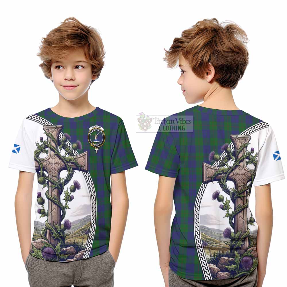 Tartan Vibes Clothing Barclay Tartan Kid T-Shirt with Family Crest and St. Andrew's Cross Accented by Thistle Vines