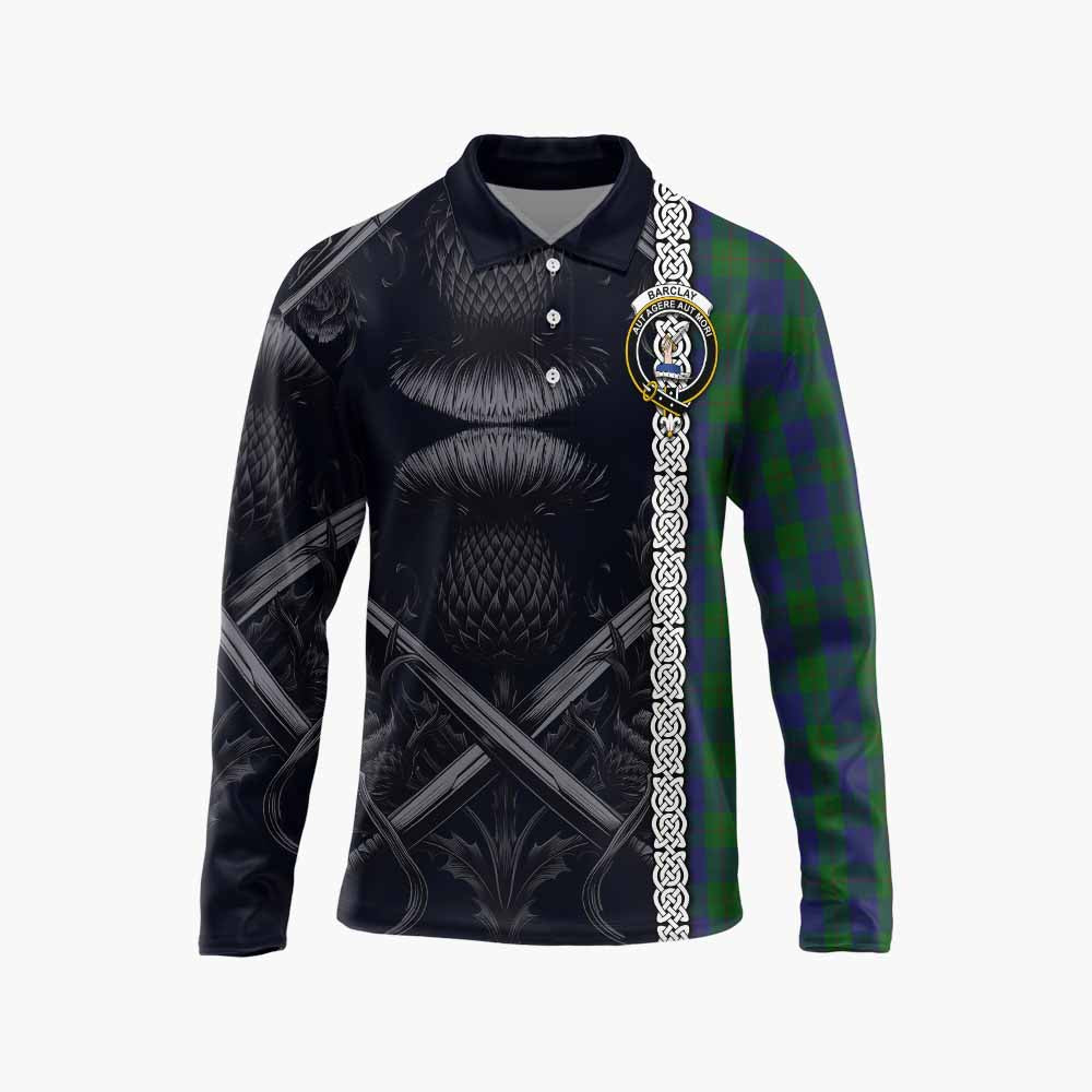 Tartan Vibes Clothing Barclay Tartan Long Sleeve Polo Shirt with Family Crest Cross Sword Thistle Celtic Vibes