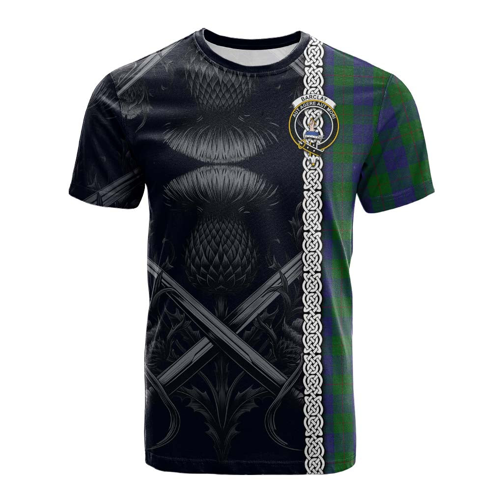 Tartan Vibes Clothing Barclay Tartan Cotton T-shirt with Family Crest Cross Sword Thistle Celtic Vibes