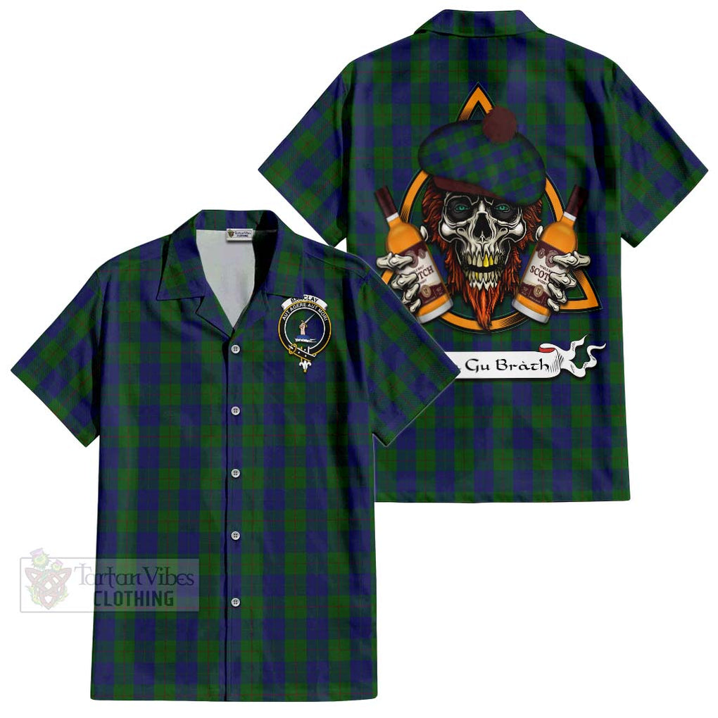 Tartan Vibes Clothing Barclay Tartan Short Sleeve Button Shirt with Family Crest and Bearded Skull Holding Bottles of Whiskey