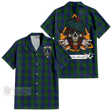 Barclay Tartan Short Sleeve Button Shirt with Family Crest and Bearded Skull Holding Bottles of Whiskey