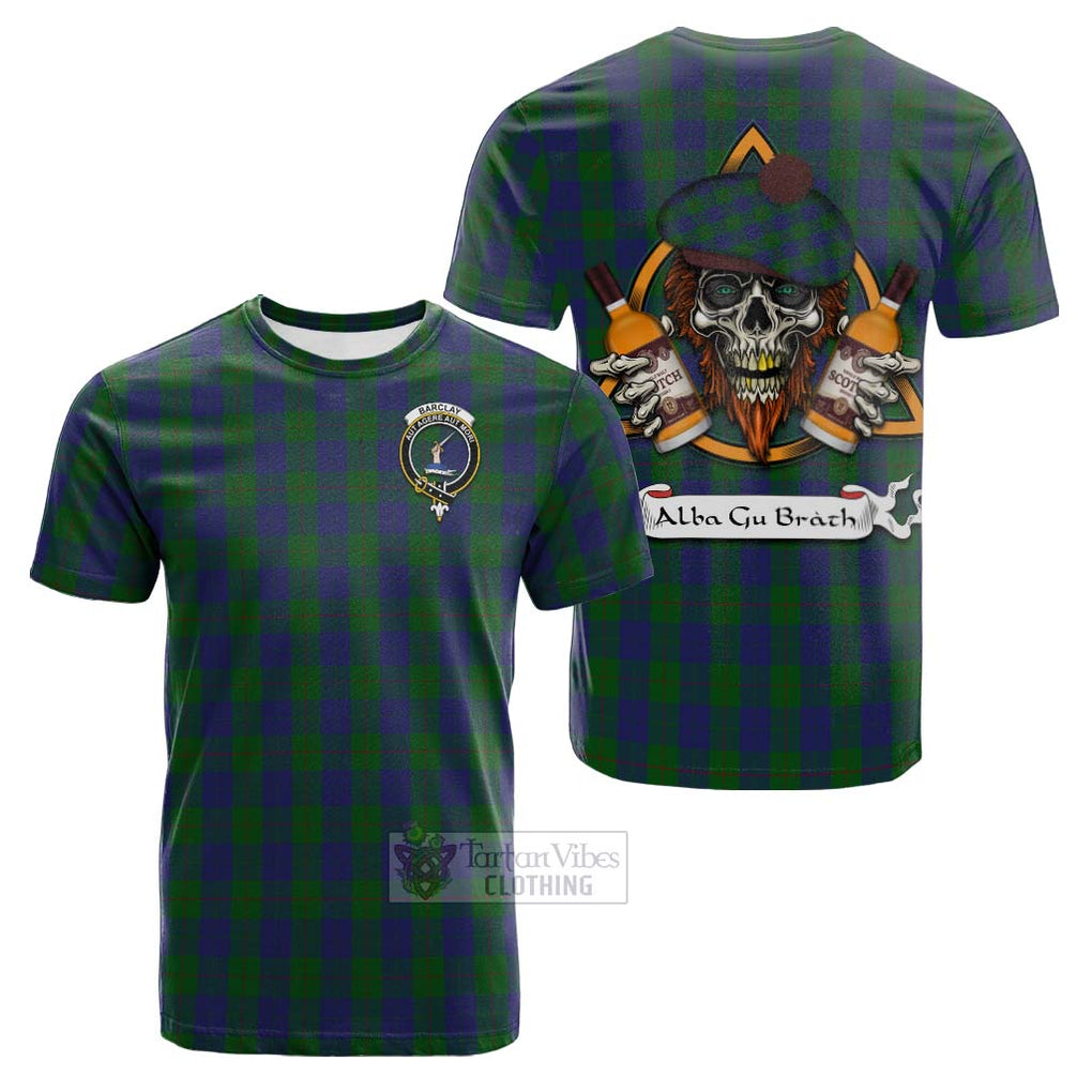 Tartan Vibes Clothing Barclay Tartan Cotton T-shirt with Family Crest and Bearded Skull Holding Bottles of Whiskey