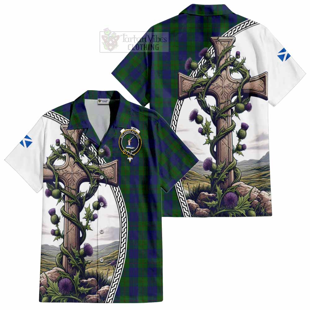 Tartan Vibes Clothing Barclay Tartan Short Sleeve Button Shirt with Family Crest and St. Andrew's Cross Accented by Thistle Vines