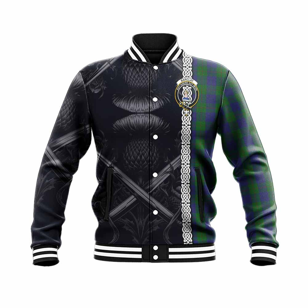 Tartan Vibes Clothing Barclay Tartan Baseball Jacket with Family Crest Cross Sword Thistle Celtic Vibes