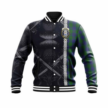 Barclay Tartan Baseball Jacket with Family Crest Cross Sword Thistle Celtic Vibes