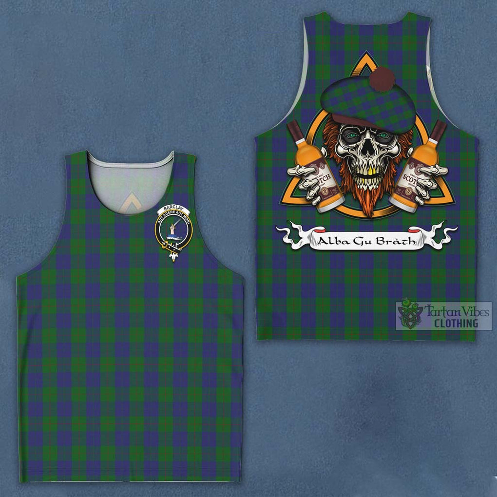 Tartan Vibes Clothing Barclay Tartan Men's Tank Top with Family Crest and Bearded Skull Holding Bottles of Whiskey