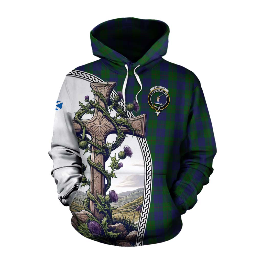 Tartan Vibes Clothing Barclay Tartan Cotton Hoodie with Family Crest and St. Andrew's Cross Accented by Thistle Vines