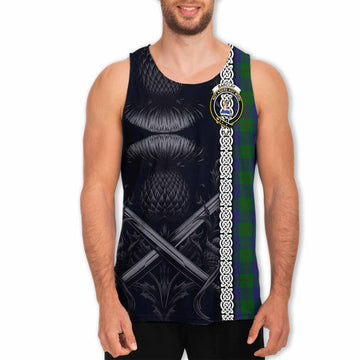 Barclay Tartan Men's Tank Top with Family Crest Cross Sword Thistle Celtic Vibes