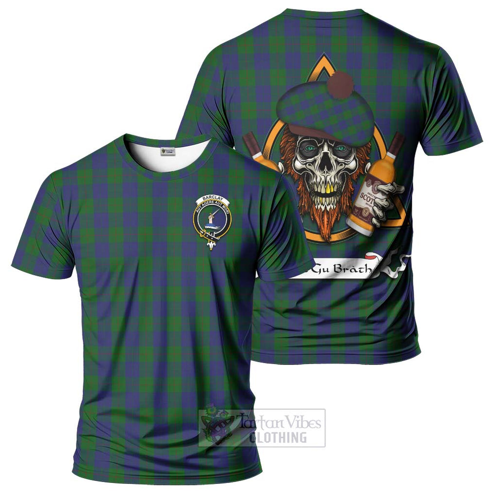 Tartan Vibes Clothing Barclay Tartan T-Shirt with Family Crest and Bearded Skull Holding Bottles of Whiskey