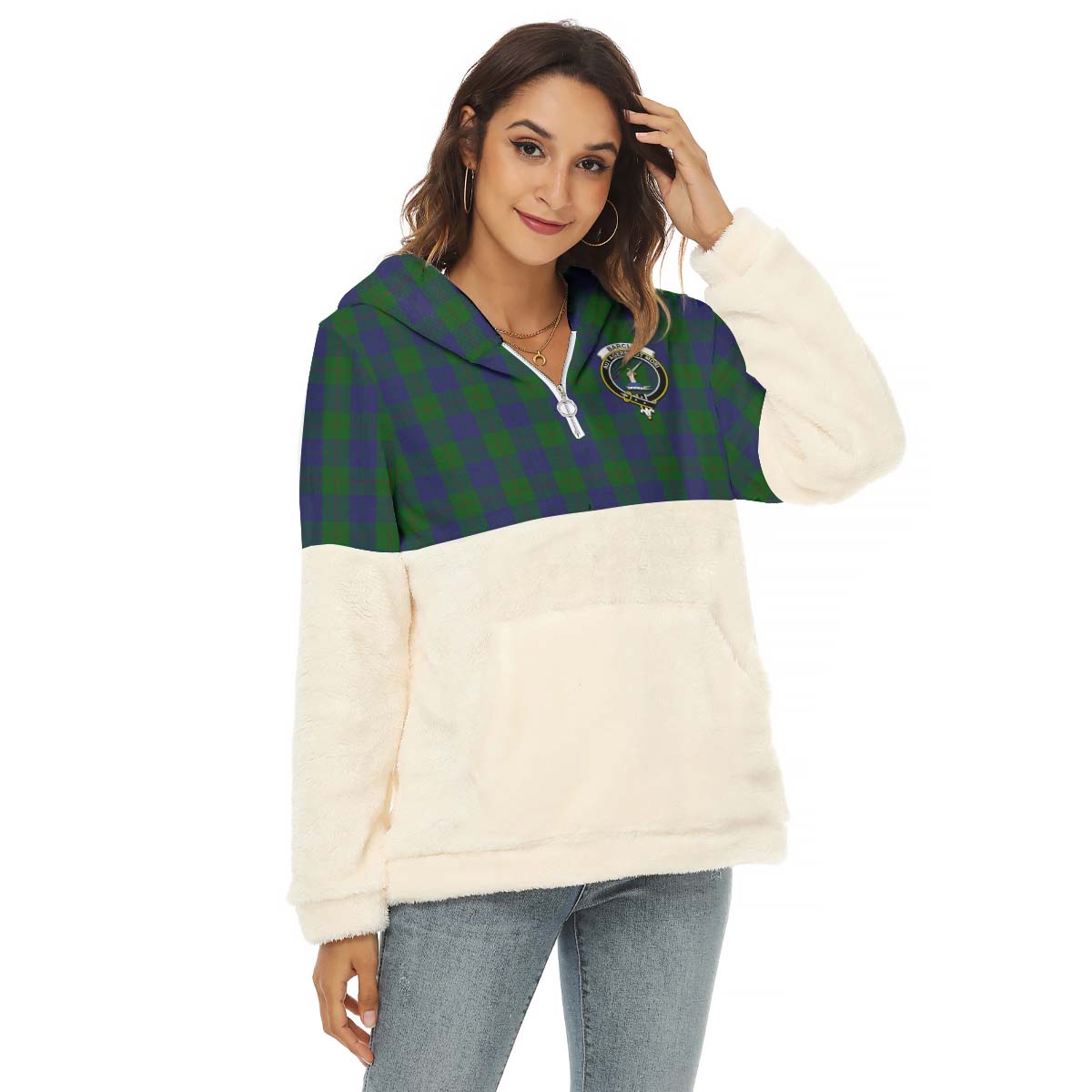 Barclay Tartan Women's Borg Fleece Hoodie With Half Zip with Family Crest Female - Tartanvibesclothing