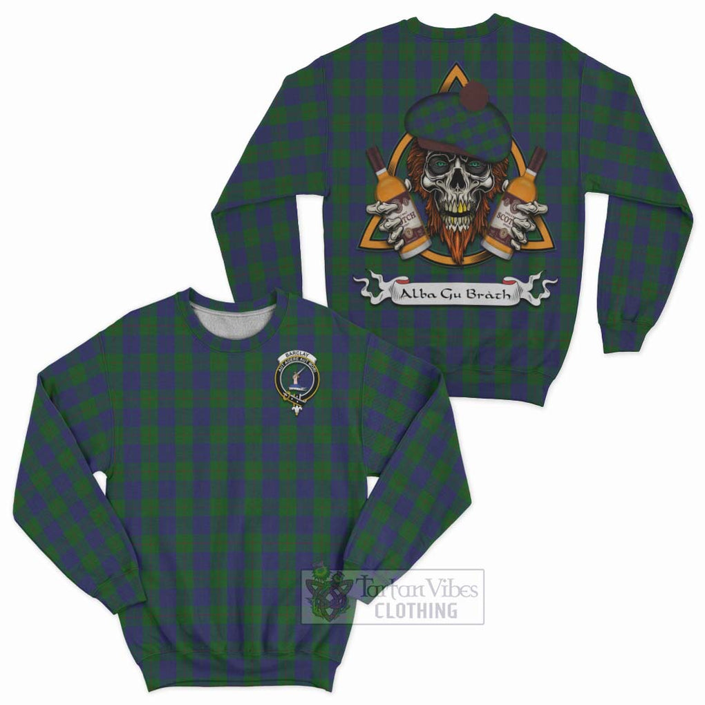 Tartan Vibes Clothing Barclay Tartan Sweatshirt with Family Crest and Bearded Skull Holding Bottles of Whiskey