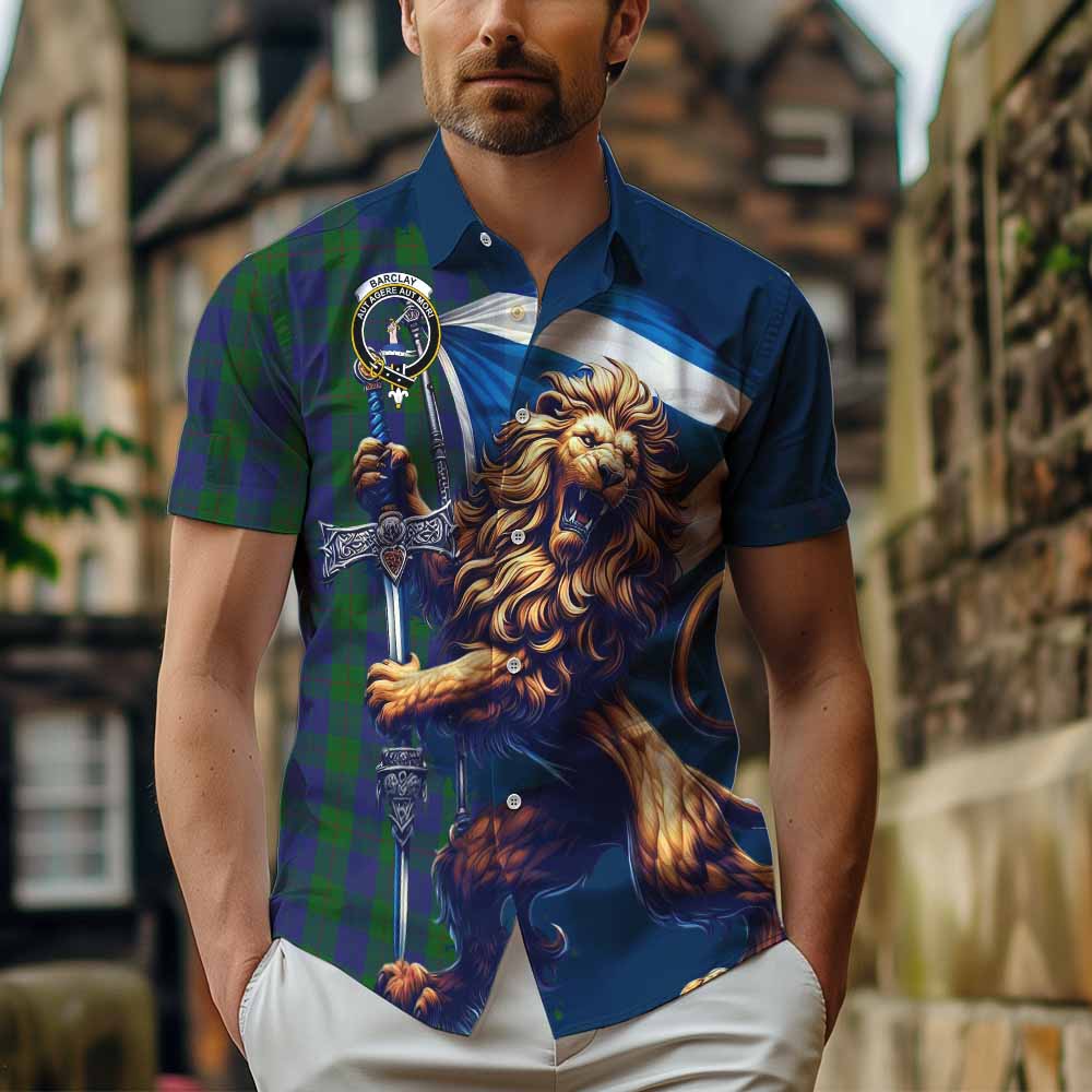 Tartan Vibes Clothing Barclay Tartan Family Crest Short Sleeve Button Shirt with Scottish Majestic Lion