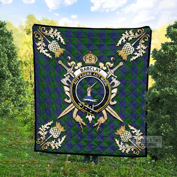 Barclay Tartan Quilt with Family Crest and Golden Thistle Crossed Sword Design