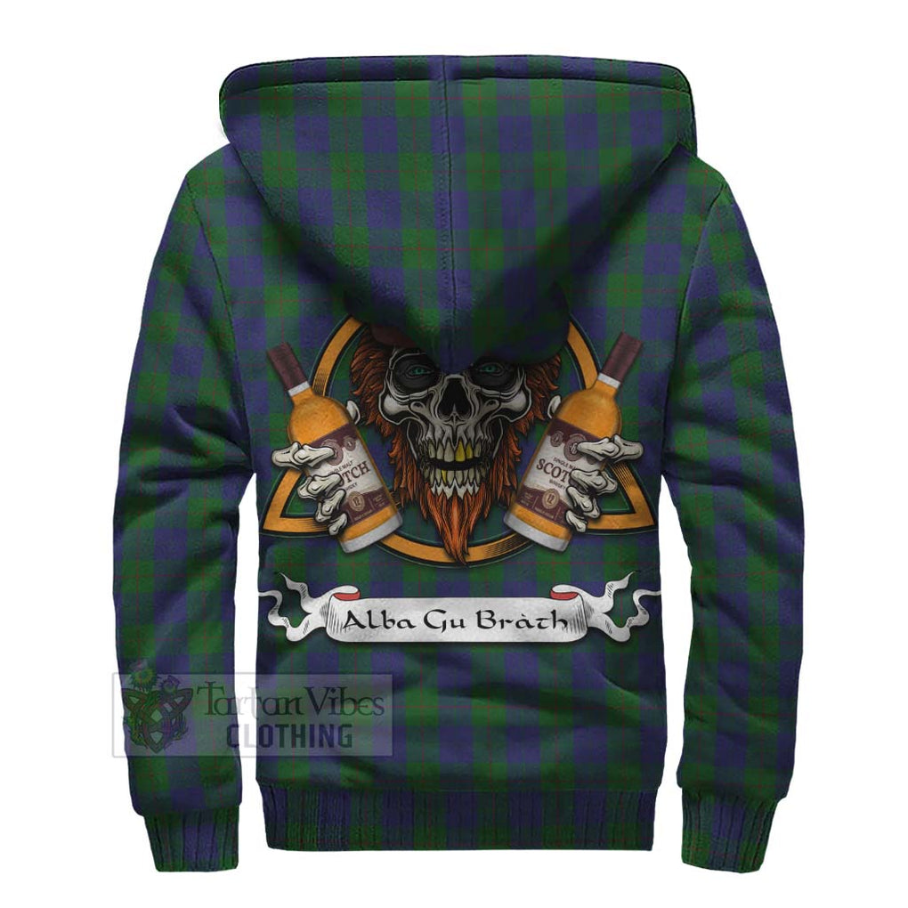 Tartan Vibes Clothing Barclay Tartan Sherpa Hoodie with Family Crest and Bearded Skull Holding Bottles of Whiskey