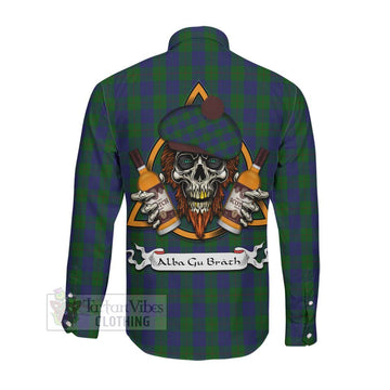 Barclay Tartan Long Sleeve Button Shirt with Family Crest and Bearded Skull Holding Bottles of Whiskey