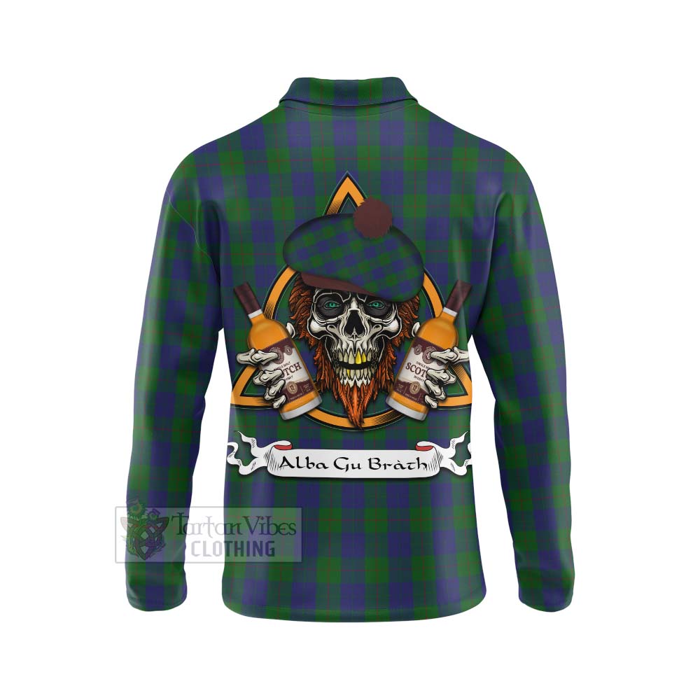 Tartan Vibes Clothing Barclay Tartan Long Sleeve Polo Shirt with Family Crest and Bearded Skull Holding Bottles of Whiskey