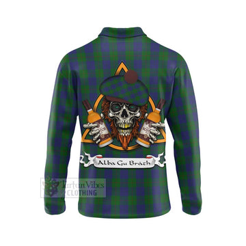 Barclay Tartan Long Sleeve Polo Shirt with Family Crest and Bearded Skull Holding Bottles of Whiskey