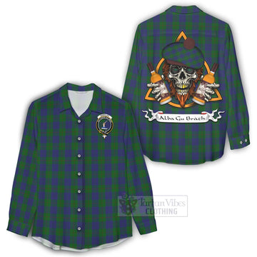 Barclay Tartan Women's Casual Shirt with Family Crest and Bearded Skull Holding Bottles of Whiskey